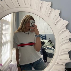 white tee w red and navy stripe